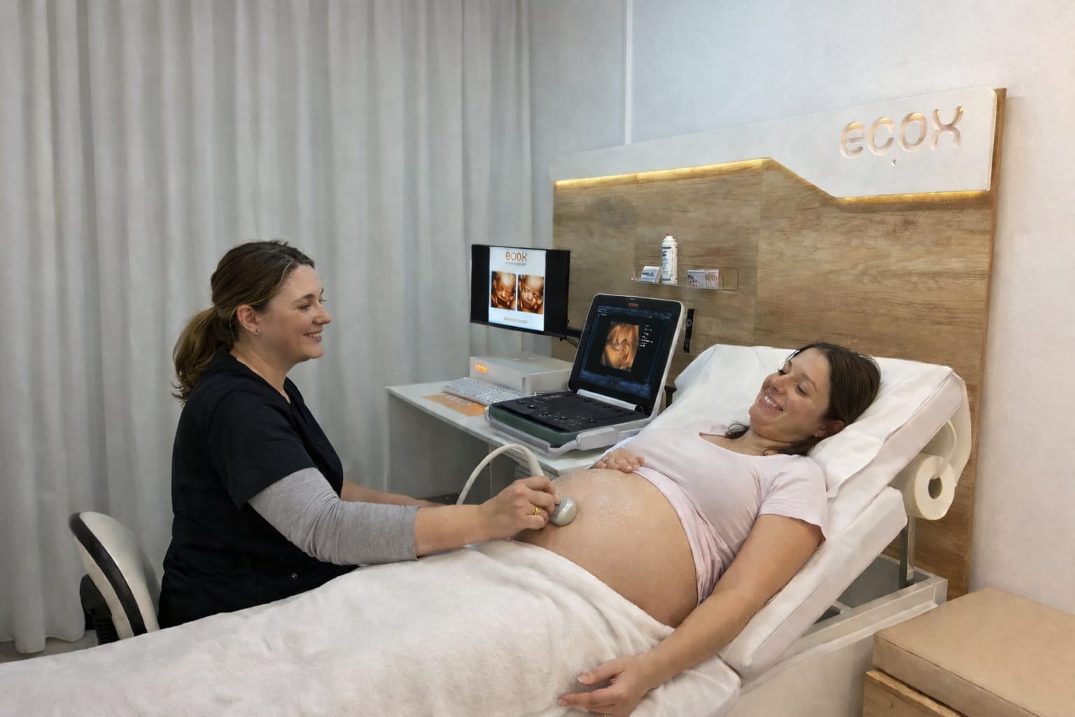Mujer embarazada recibiendo un ultrasonido en una clínica, con una técnica sonriendo mientras sostiene el transductor sobre su abdomen. En el fondo se observa un monitor mostrando imágenes del ultrasonido.